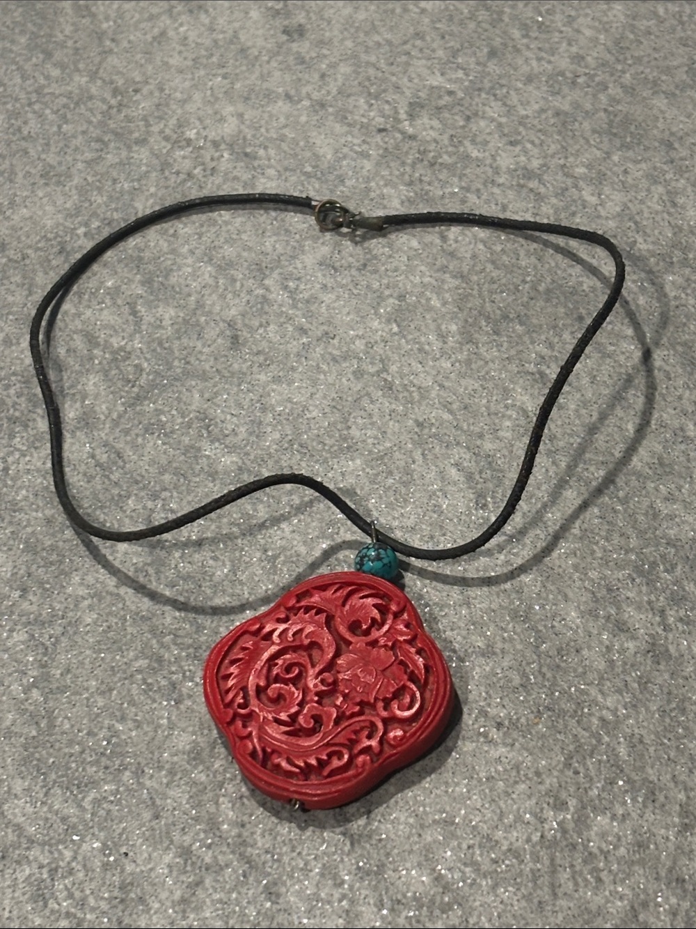 .925 Sterling Silver Red CINNABAR TURQUOISE Carved Chinese Export Necklace Vntg